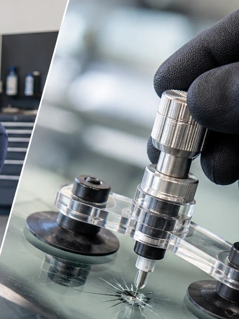 Steinschlag-Reparatur: Reparaturwerkzeug wird am Einschlag in der Windschutzscheibe angesetzt