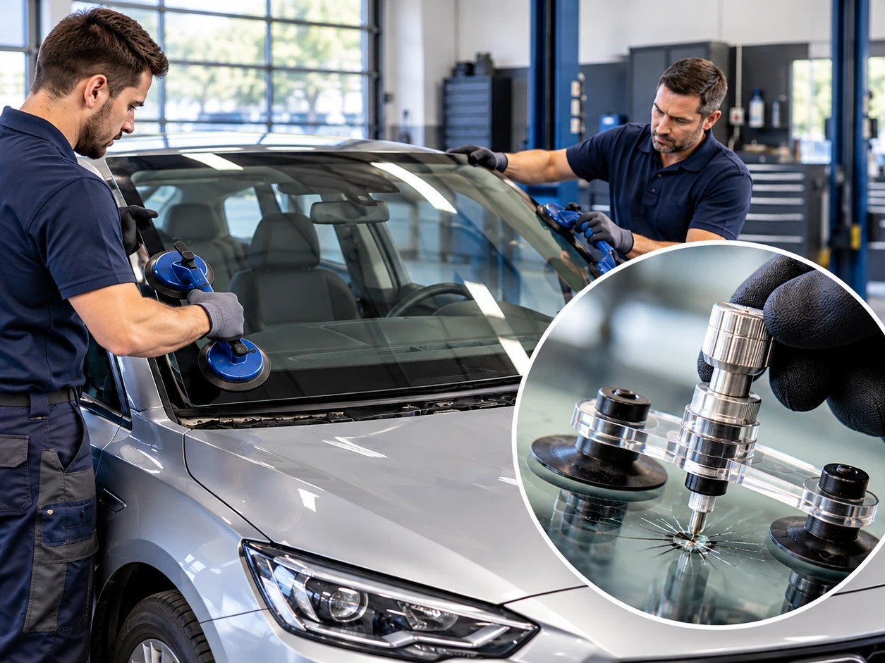 Austausch einer Windschutzscheibe mit Saugnäpfen, daneben eine Nahaufnahme der Steinschlag-Reparatur