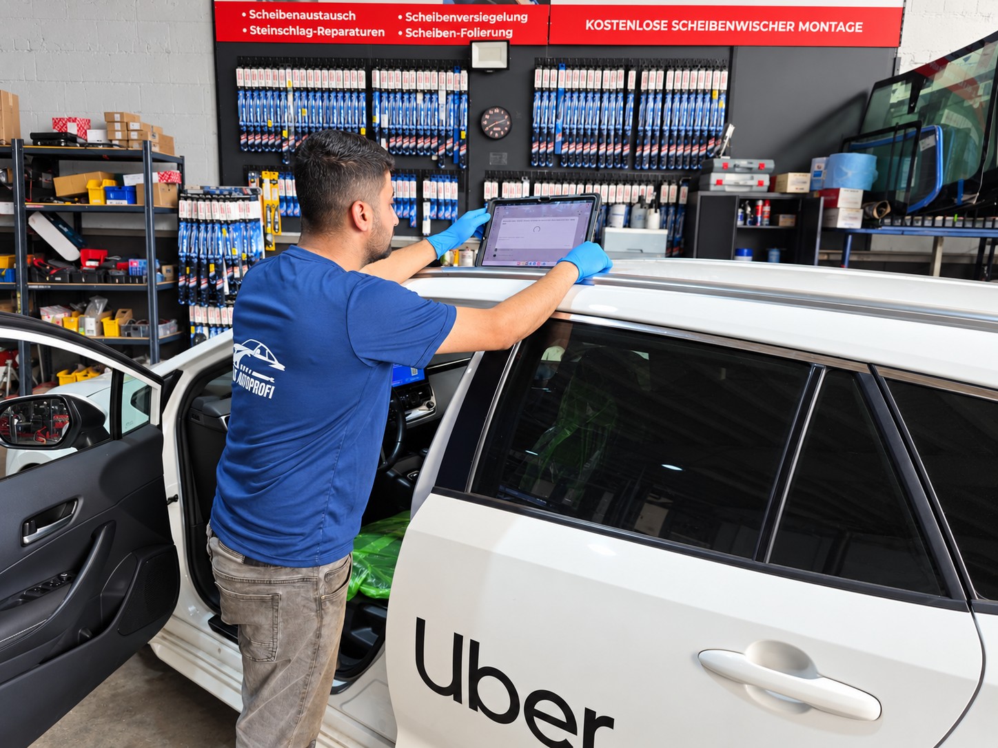 Mitarbeiter von M&S Autoprofi in Hofheim prüft ein Fahrzeug mit dem Diagnosegerät