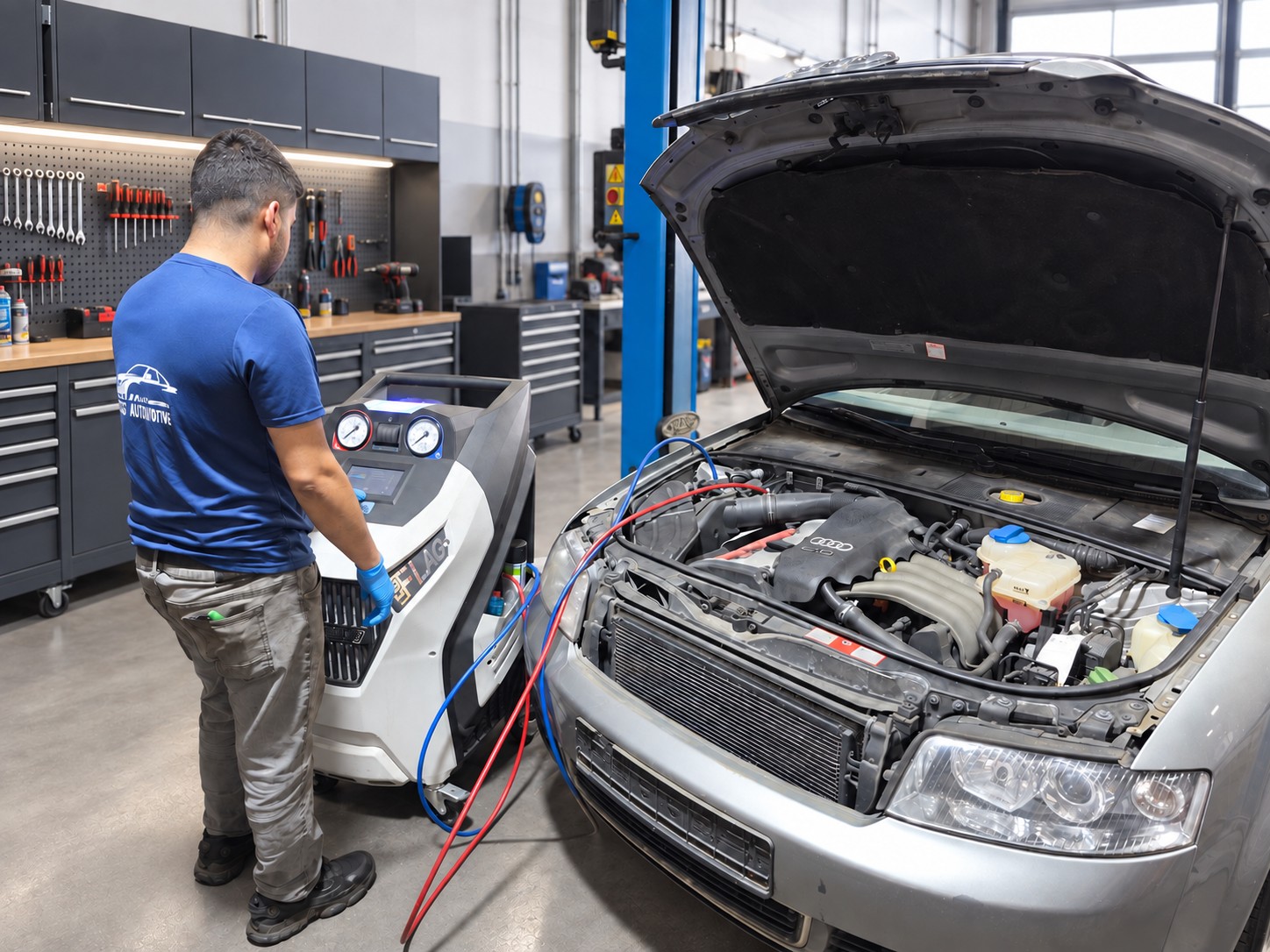 Inspektion und Klimaservice am geöffneten Motorraum in der Werkstatt in Hofheim